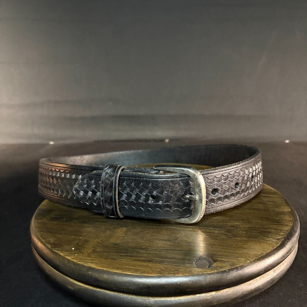 Aker Garrison Belt Size 28" B08 Pant Basketweave Black Leather Nickel 1.5" Wide